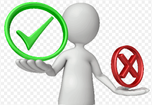 figure balancing a check in one hand and an X in another hand, showing right versus wrong